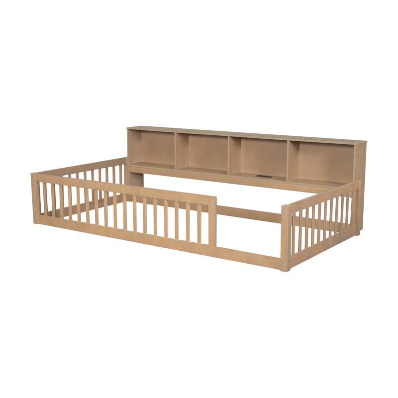 Twin XL Solid Wood Bed With 3 Storage Cabinets, Charging Station Semi Enclosed Safety Fence, 2 Outlets, 2 USB Ports