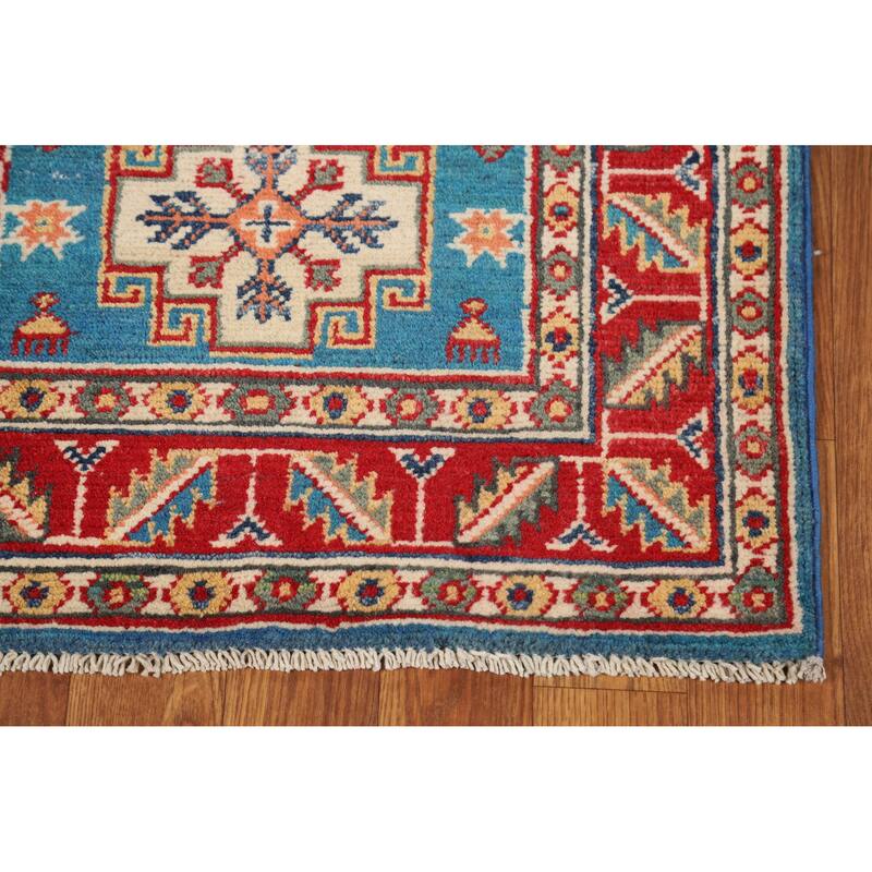 Geometric Kazak Oriental Foyer Rug Handmade Blue Wool Carpet - 2'0"x 3'0"