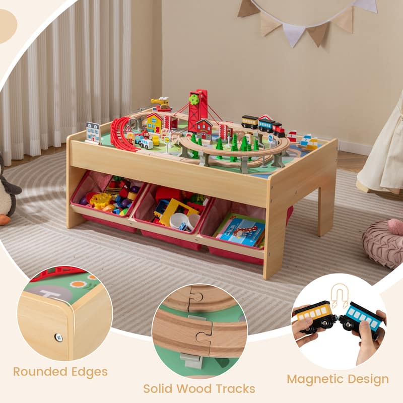 Gymax 94 PCS Wooden Train Set Table w/Reversible Tabletops 3 Storage