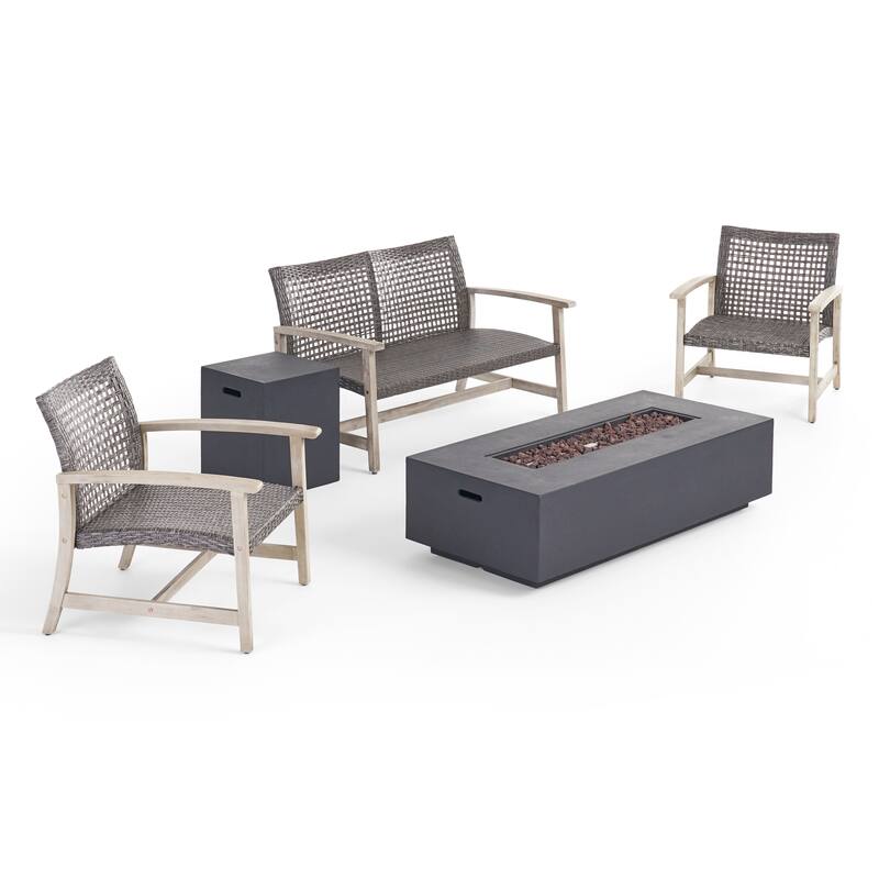 Augusta Outdoor Acacia Wood and Wicker 4 Seater Chat Set with Fire Pit by Christopher Knight Home