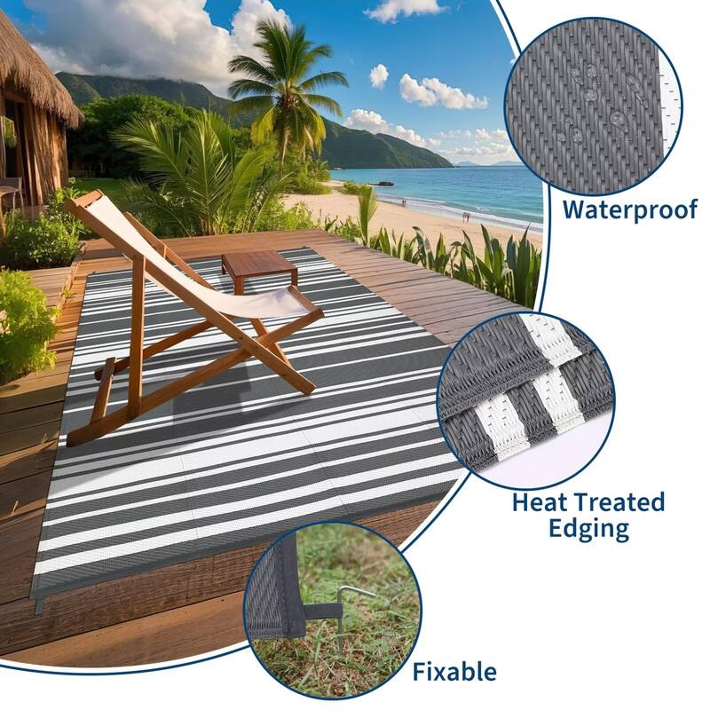 Outdoor Rug Waterproof Mat Outside Rugs for Patio Camping Balcony Modern Strip Plastic Straw Rug