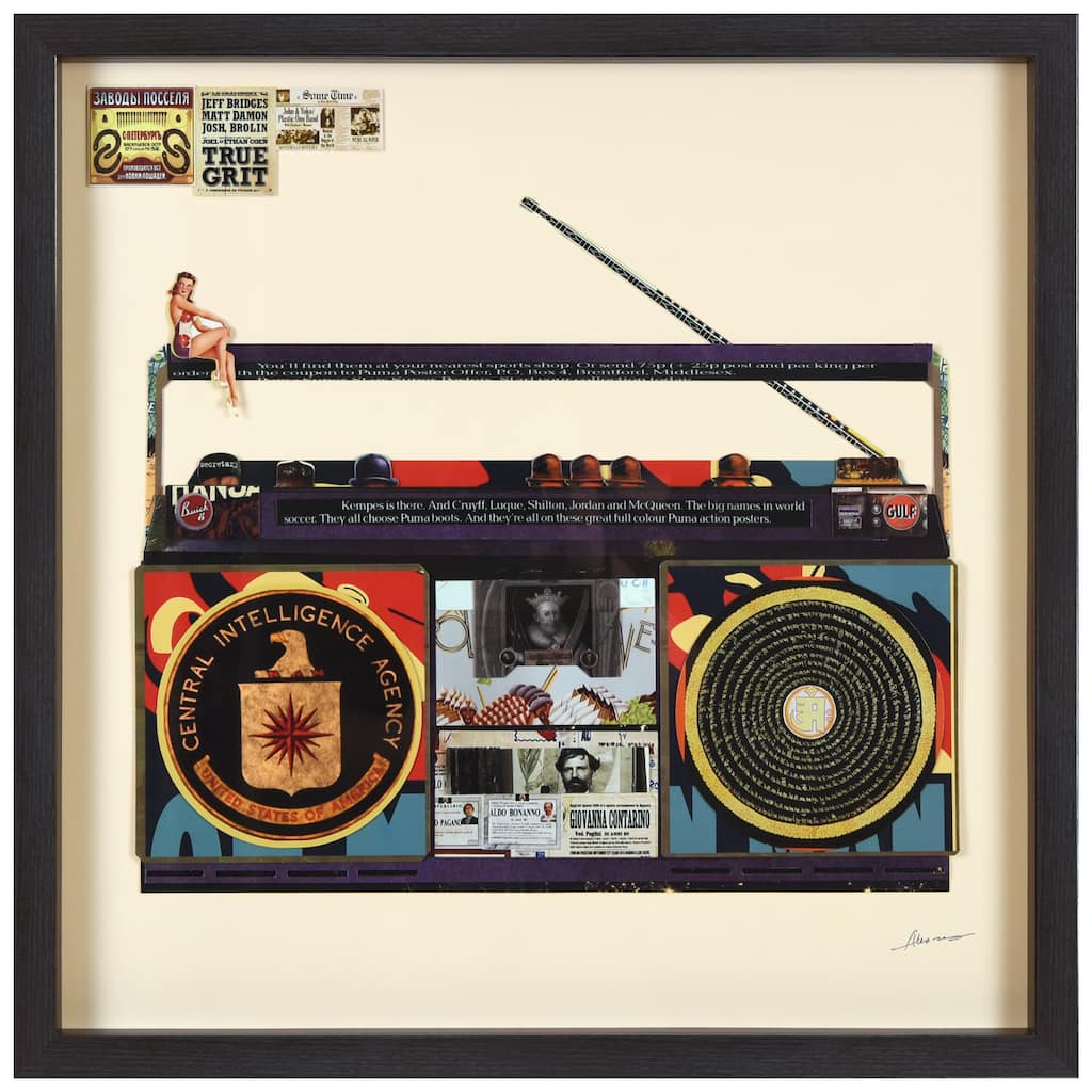 "CIA Boombox" Alex Zeng's signed Hand-made Dimensional Wall Art Collage, under glass and a black shadow box frame