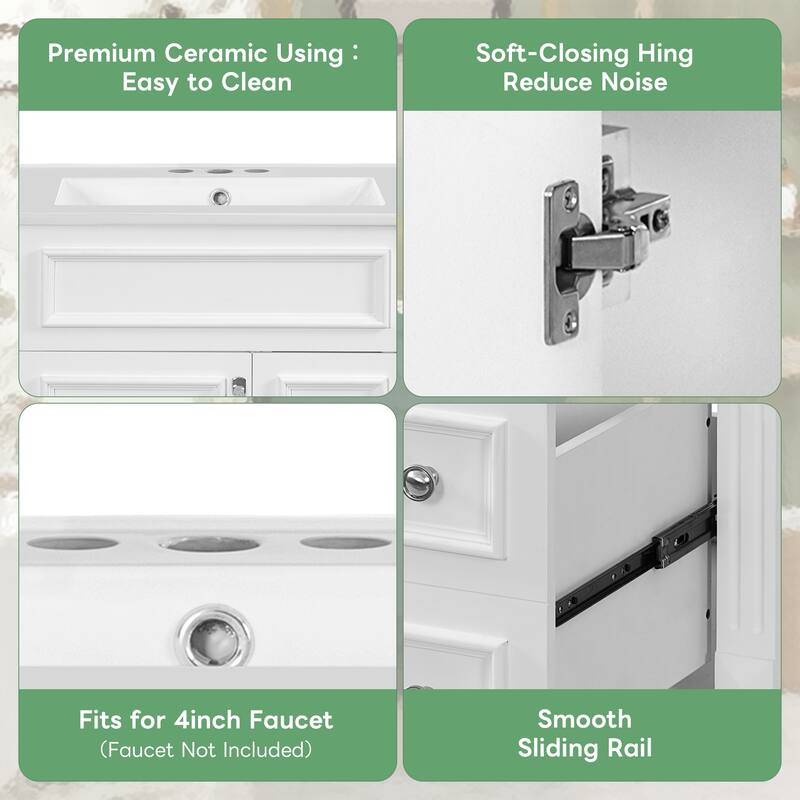 24" Bathroom Vanity with Ceramic Sink Bathroom Storage Cabinet with 2 Drawers and Adjustable Shelf