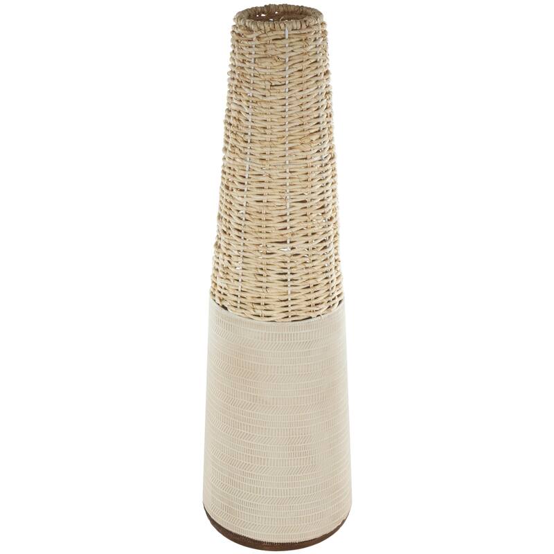 Rattan Geometric Handmade Woven Decorative Vase with Beige Metal Base and Linear Markings - Light Brown - Roche River Decor