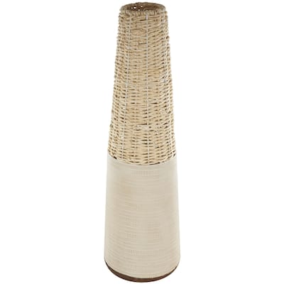 Rattan Geometric Handmade Woven Decorative Vase with Beige Metal Base and Linear Markings - Light Brown - Roche River Decor
