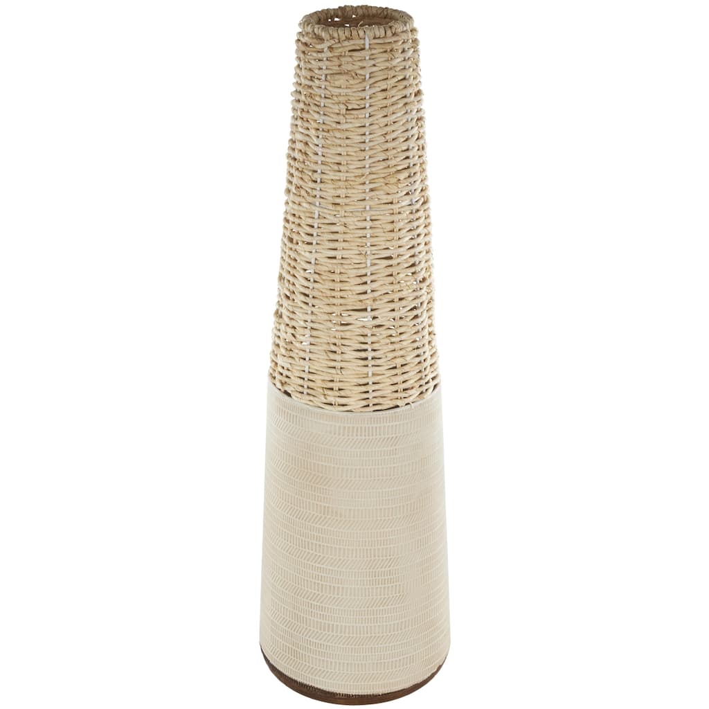 Rattan Geometric Handmade Woven Decorative Vase with Beige Metal Base and Linear Markings - Light Brown - Roche River Decor