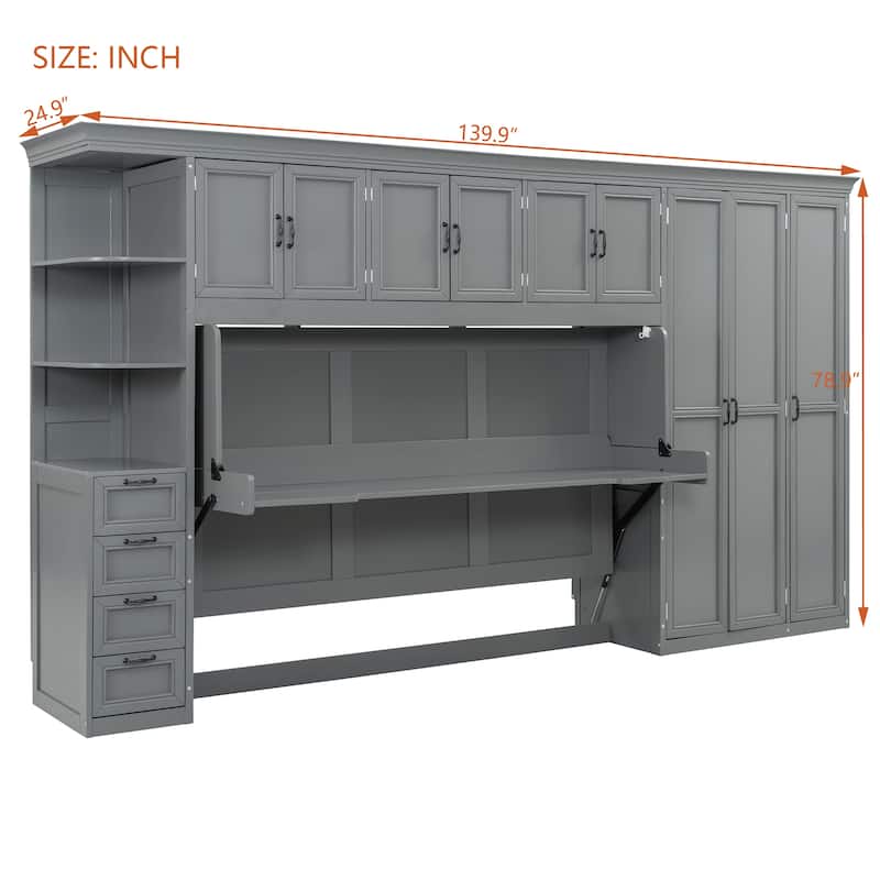 Versatile Twin Size Murphy Bed Fold-down Storage Wall Bed with Temporary Desk, Top Cabinets, Side Wardrobe, Drawers and Shelves