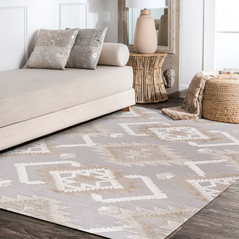 JONATHAN Y Duwun High-Low Pile Neutral Diamond Kilim Indoor/Outdoor Area Rug
