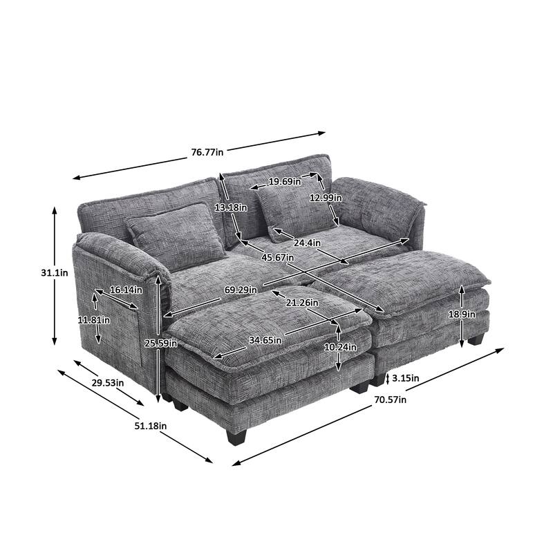 Chenille Fabric Loveseat Sofa Couch with 2 Ottomans and Side Pockets