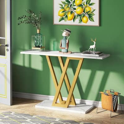 White-Gold MDF and Metal Console Table with Faux Marble and V-Legs - 43.31” L x 11.81” W x 31.5” H
