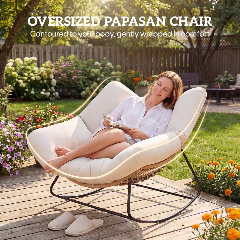 Outsunny Papasan Rocking Chair, Wicker Oversized Indoor Outdoor Rocking Chair with Cushion