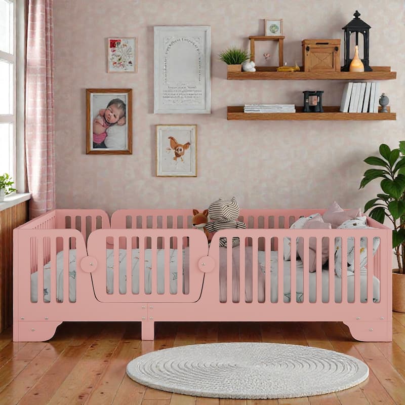 Montessori Floor Bed with Fence and Door, Kids Floor Bed Frame with Slats, No Box Spring Needed