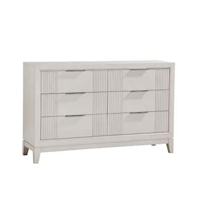Flo 60 Inch Dresser, 6 Drawers, Antique White Wood, Chrome Handles