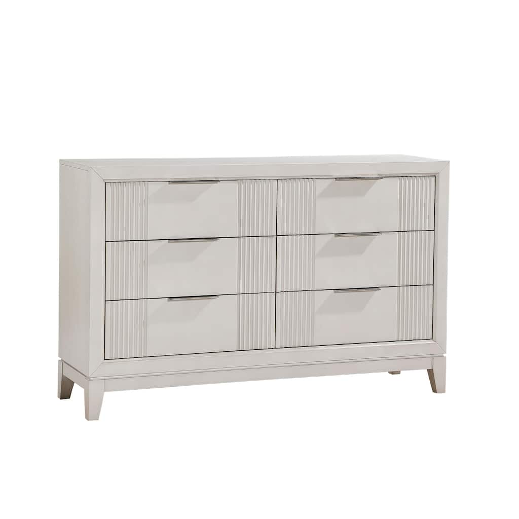 Flo 60 Inch Dresser, 6 Drawers, Antique White Wood, Chrome Handles