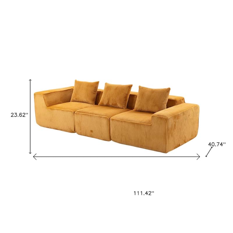 HomeRoots 111" Gold Corduroy Modular Ribbed Compression Foam Sofa With Toss Pillows