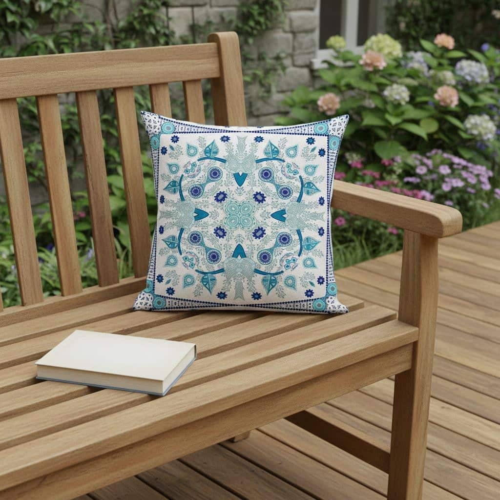 HomeRoots 18" x 18" Blue and White Blown Seam Paisley Indoor Outdoor Throw Pillow - 18.00' X '5.00' X '18.00