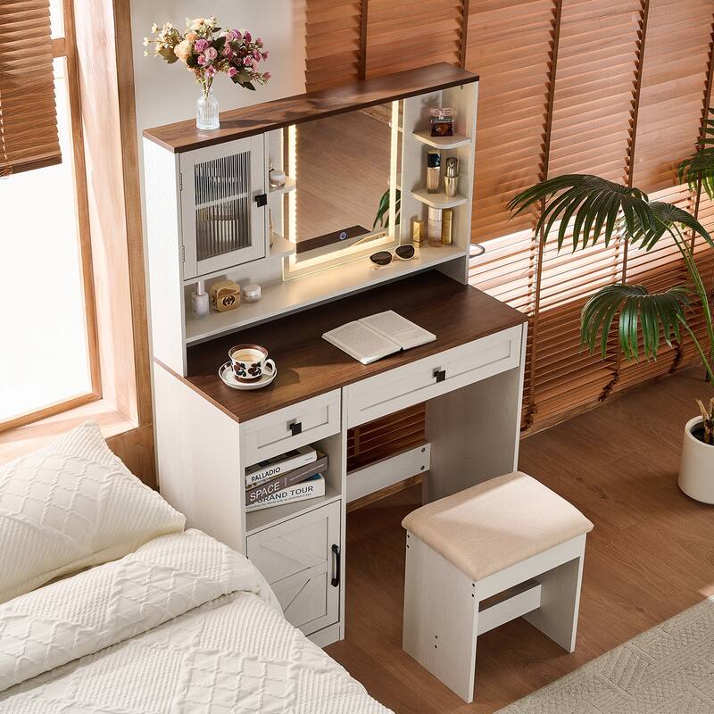 Vanity Desk with Touch Control Light Mirror, Dressing Table Set with Charging Station & Stool, Large Makeup Vanity Table