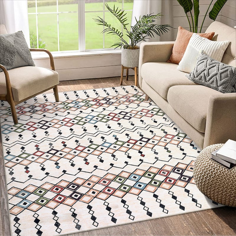 Garvee Boho Area Rug Geometric Printed Faux Wool Soft Floor Cover - 4' x 6' - Beige