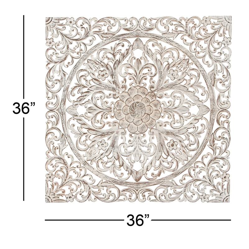 White Wood Handmade Intricately Carved Mandala Floral Home Wall Decor with Brown Distressing