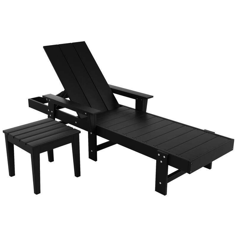 Polytrends Shoreside Modern Poly Eco-Friendly All Weather Reclining Chaise Lounge With Arms, Wheels, & Side Table (2-Piece Set)