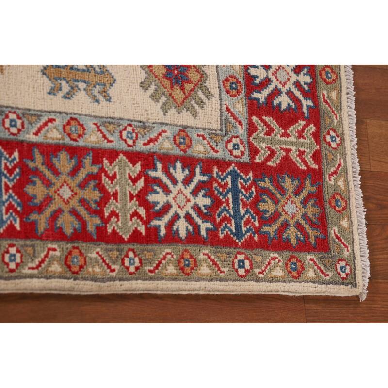 Geometric Ivory Kazak Oriental Accent Rug Hand-Knotted Wool Carpet - 3'5"x 4'11"