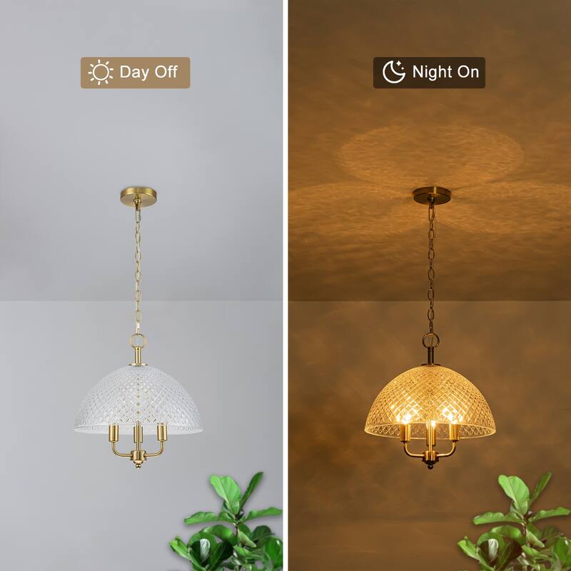 Brushed Gold 3-Light Pendant Light with Half-Dome Grid Shade Dining - Dia.15.75-in