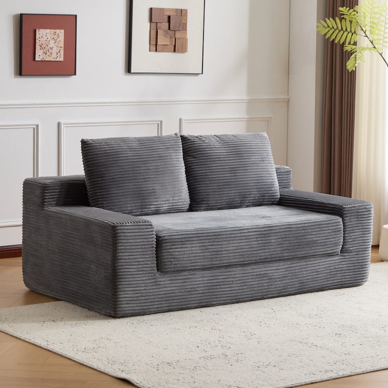 Floor Corduroy Deep Seat Loveseat Sofa with Folding Mattress Convertible Sleeper Sofa Bed with Reversible Cushion and Pillows - Dark Grey