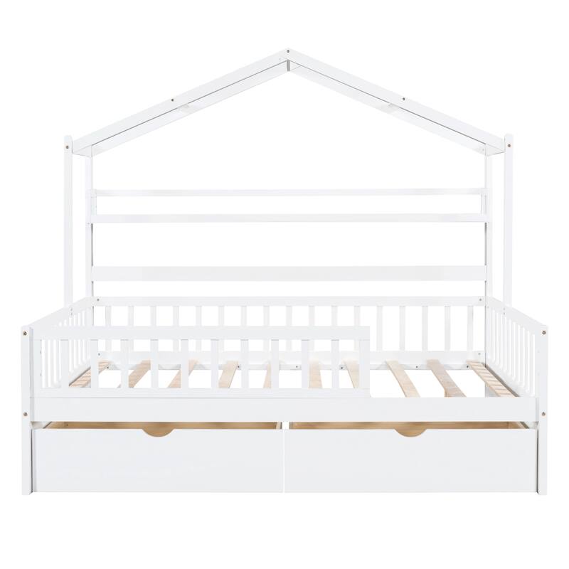 Pine House Bed with Drawers, Shelf & Guardrail