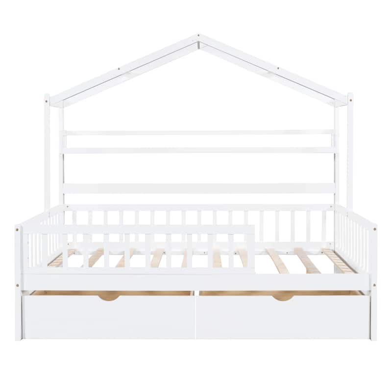 Solid Wood House Bed Frame with 2 Drawers and Storage Shelves