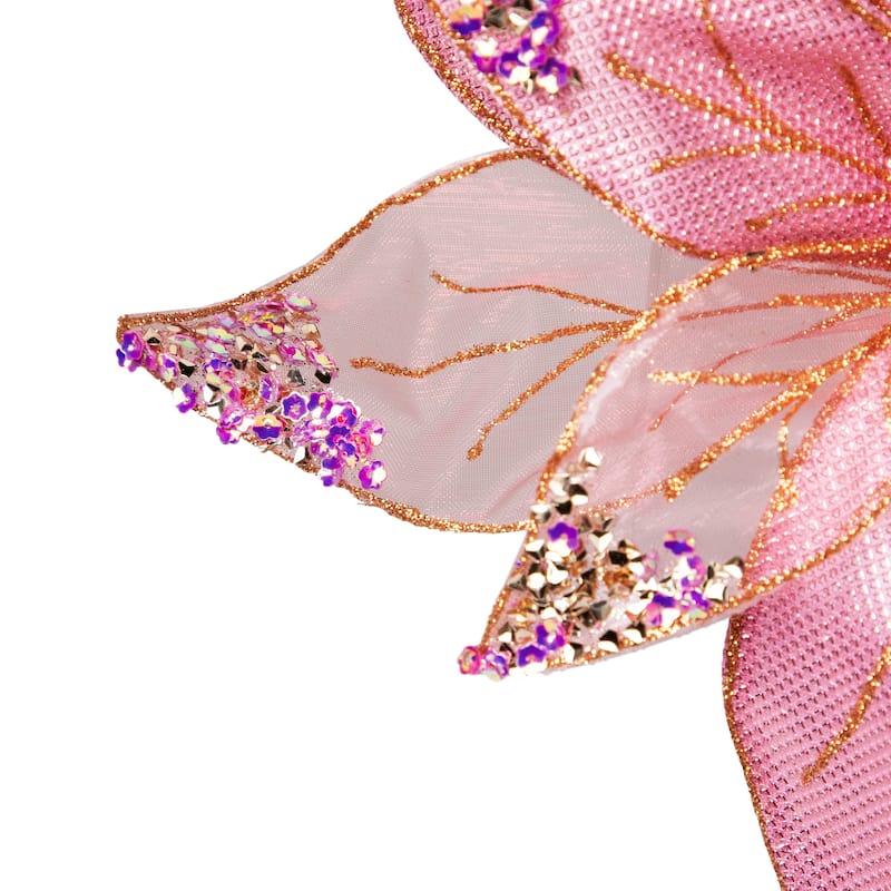 Glitter and Sequin Poinsettia Clip-on Christmas Ornament - 11.5" - Pink and Gold