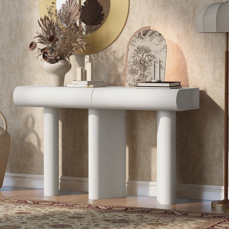 Roomfitters 47.6" Modern Entryway Table, Narrow Console with Curved Drawers and Geometric Legs, Hallway Sofa Accent Table - White