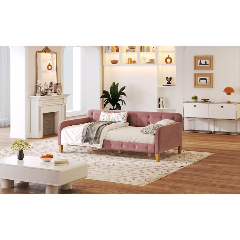 Twin Size Velvet Upholstered Daybed Frame with Tufted Backrest & 4 Legs