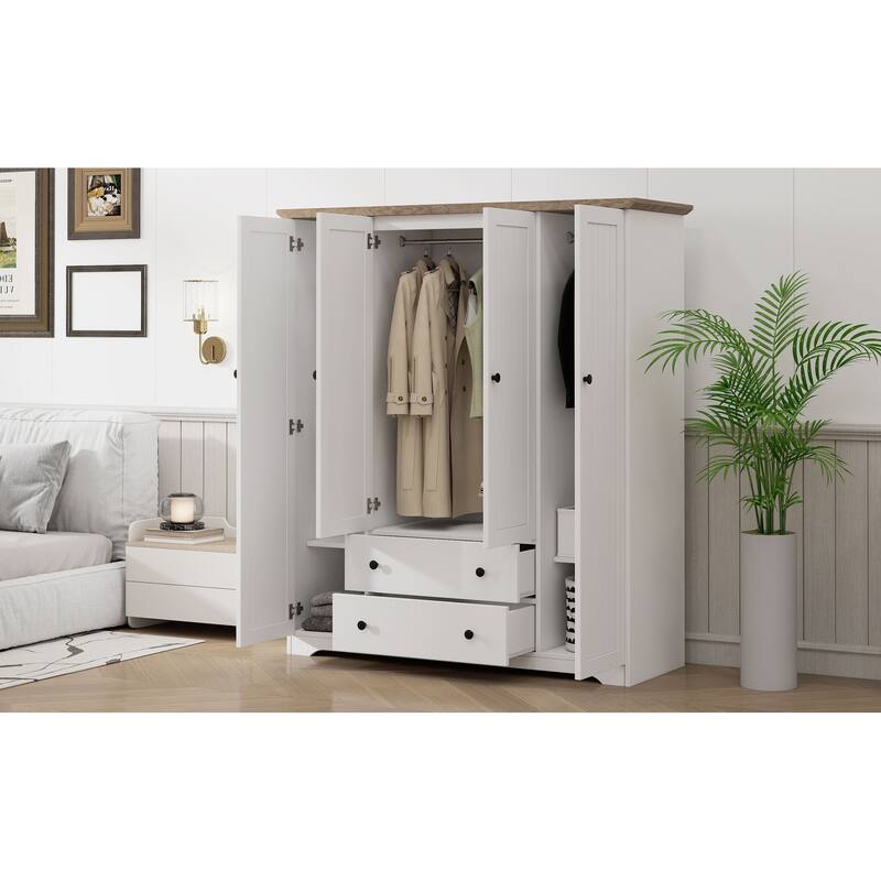 4 Door Wardrobe Armoire Closet with 2 Drawers, 60.6''L x 20.8''W x 68.5''H