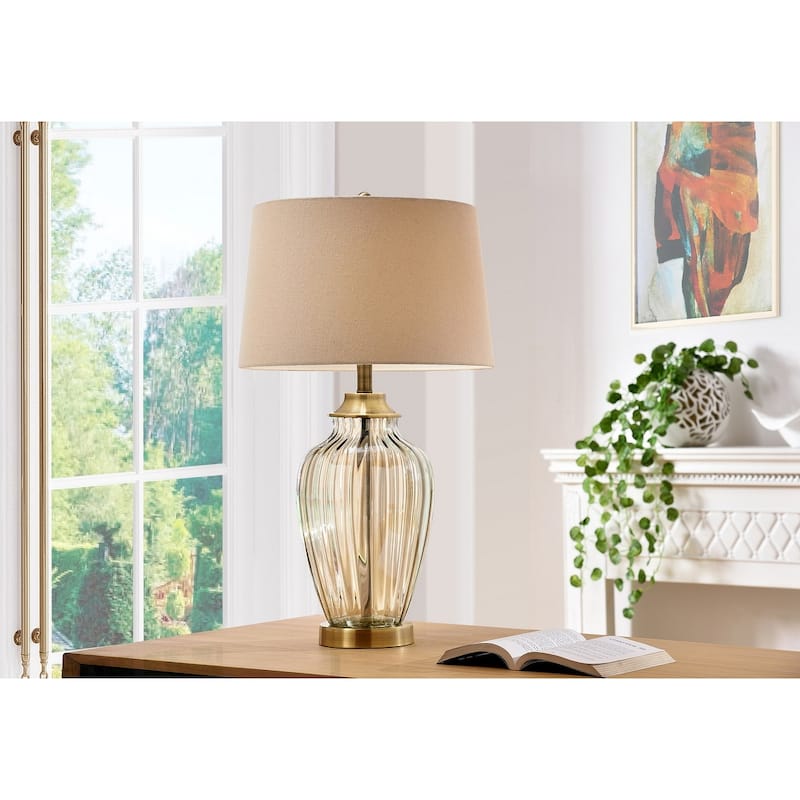 28.5" Tall Glass Table Lamp "Golden Gaze" with Antique Bronze finish, Linen Shade