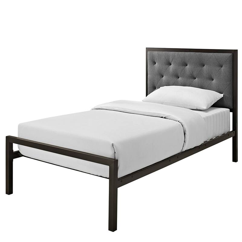 Twin Size Metal Platform Bed with Grey Fabric Button Tufted Upholstered Headboard and Perfect for Any Room - Grey
