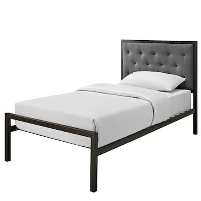 Twin Size Metal Platform Bed with Grey Fabric Button Tufted Upholstered Headboard and Perfect for Any Room