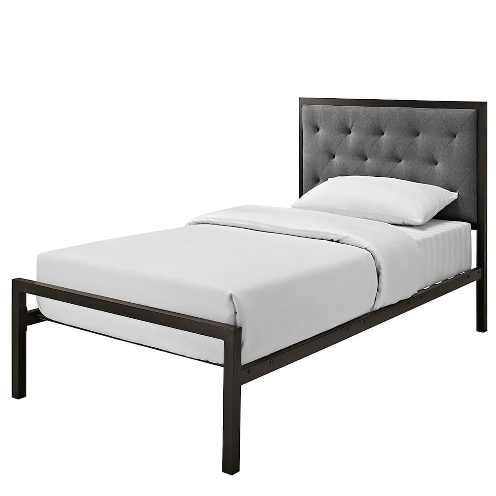 Twin Size Metal Platform Bed with Grey Fabric Button Tufted Upholstered Headboard and Perfect for Any Room