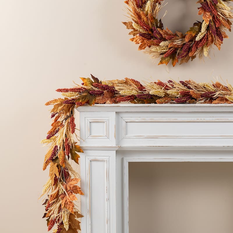 Glitzhome Fall Harvest Artificial Sorghum Garland Wreath Swag Floral Porch Decor - Garland