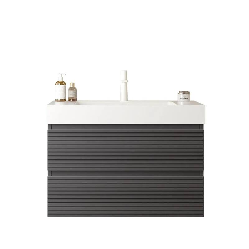 Plywood Wall-Mounted Bathroom Vanity Set in Grey with Integrated Acrylic Sink