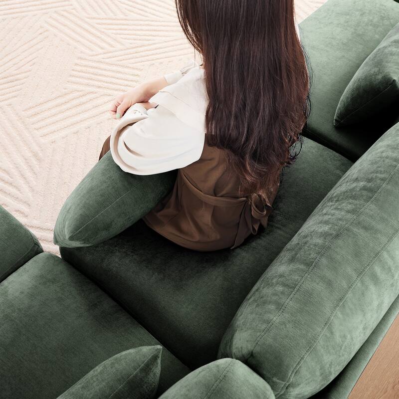 105.9" Chenille 3-Seater Sofa with 2 Ottomans, Lumbar Pillow & Wooden Base