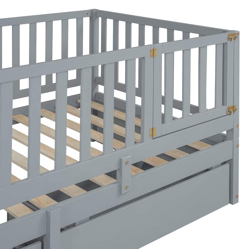 Gray Twin Size Solid Wood Daybed with Fence Guardrails and 2 Drawers, Split into Two Beds