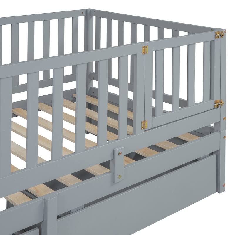Twin Size Solid Wood Daybed with Guardrails & 2 Drawers