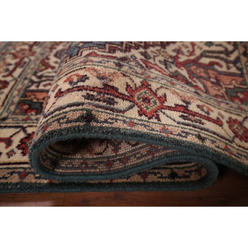 Blue Geometric Heriz Serapi Indian Area Rug Hand-Knotted Wool Carpet - 4'2"x 6'1"