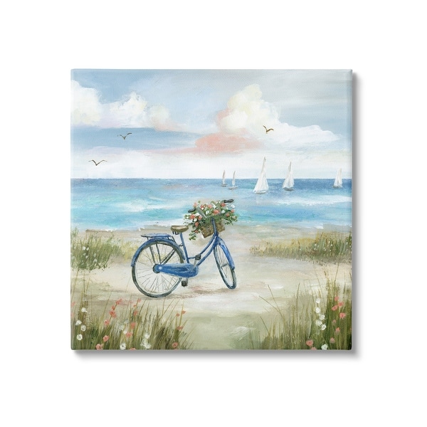 slide 2 of 10, Stupell Charming Blue Bicycle Floral Bouquet Distant Beach Sailboats Canvas Wall Art 17 x 17