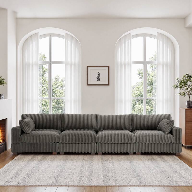 Plush Corduroy Upholstered Modular Sectional Sofa with Pillows