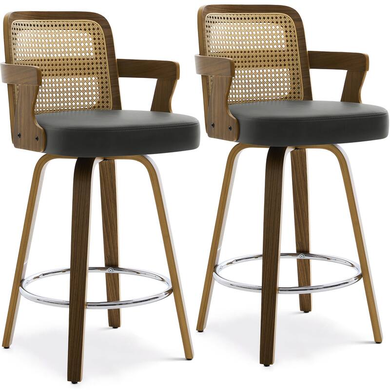 Upholstered Swivel Barstool with Arms and Bentwood Legs - 40.8"H x 18.9"W x 19.5"D/19.3"D