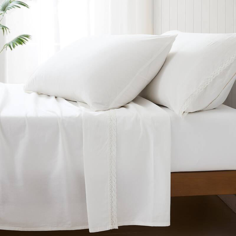 Lush Decor Evelyn Lace Trim White Cotton 4-Piece Sheet Set