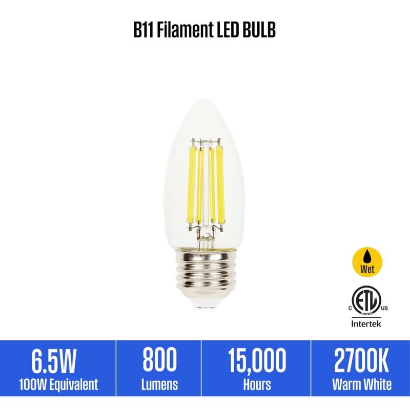 Westinghouse Lighting 6.5 Watt (100 Watt Equivalent) Clear B11 Dimmable Filament LED Light Bulb, Medium Base, 6 Pack - 6-Pack