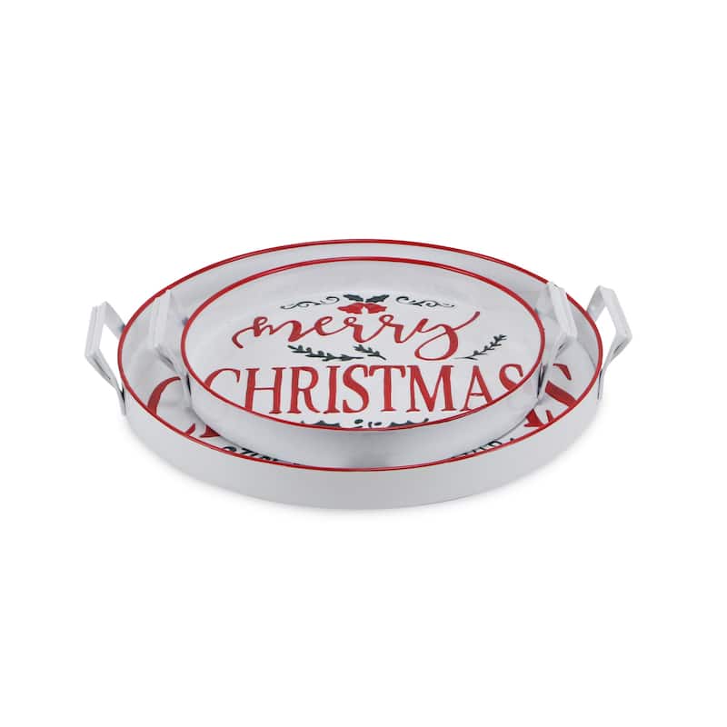 HomeRoots Set of Two White Round Metal Christmas Handmade Serving Tray With Handles - 17.75 in. x 2.50 in. x 16.00 in.