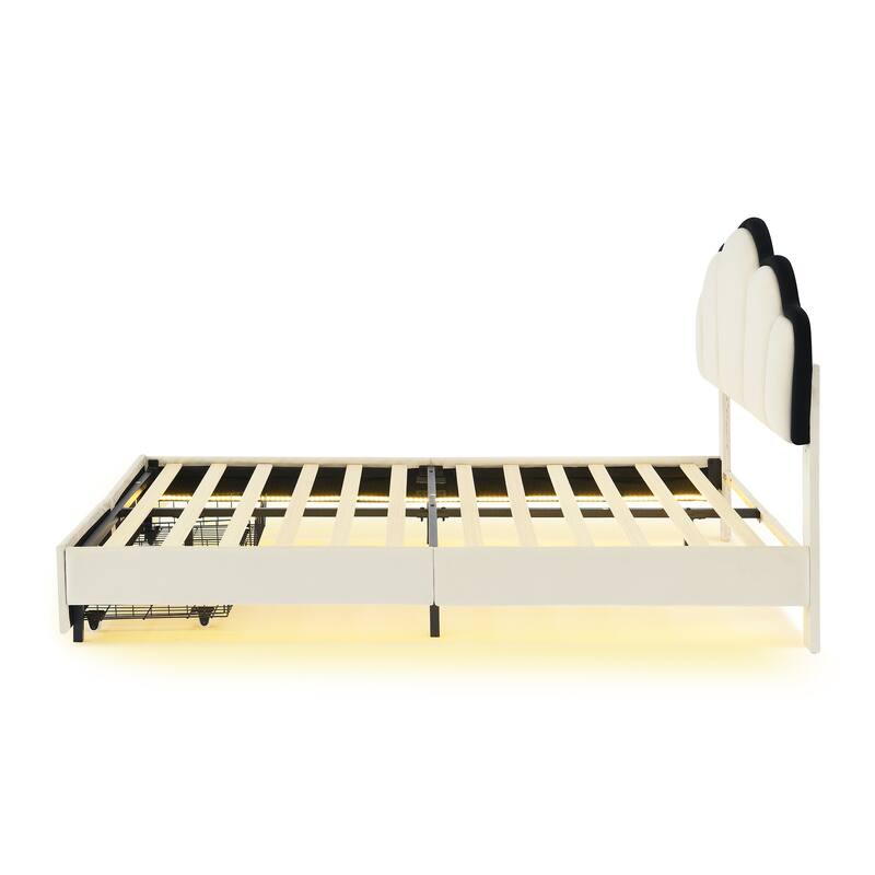 Full Size Upholstered Princess Platform Bed with LED Light Strips and 2 Storage Drawers, Modern Bed Frame with Headboard
